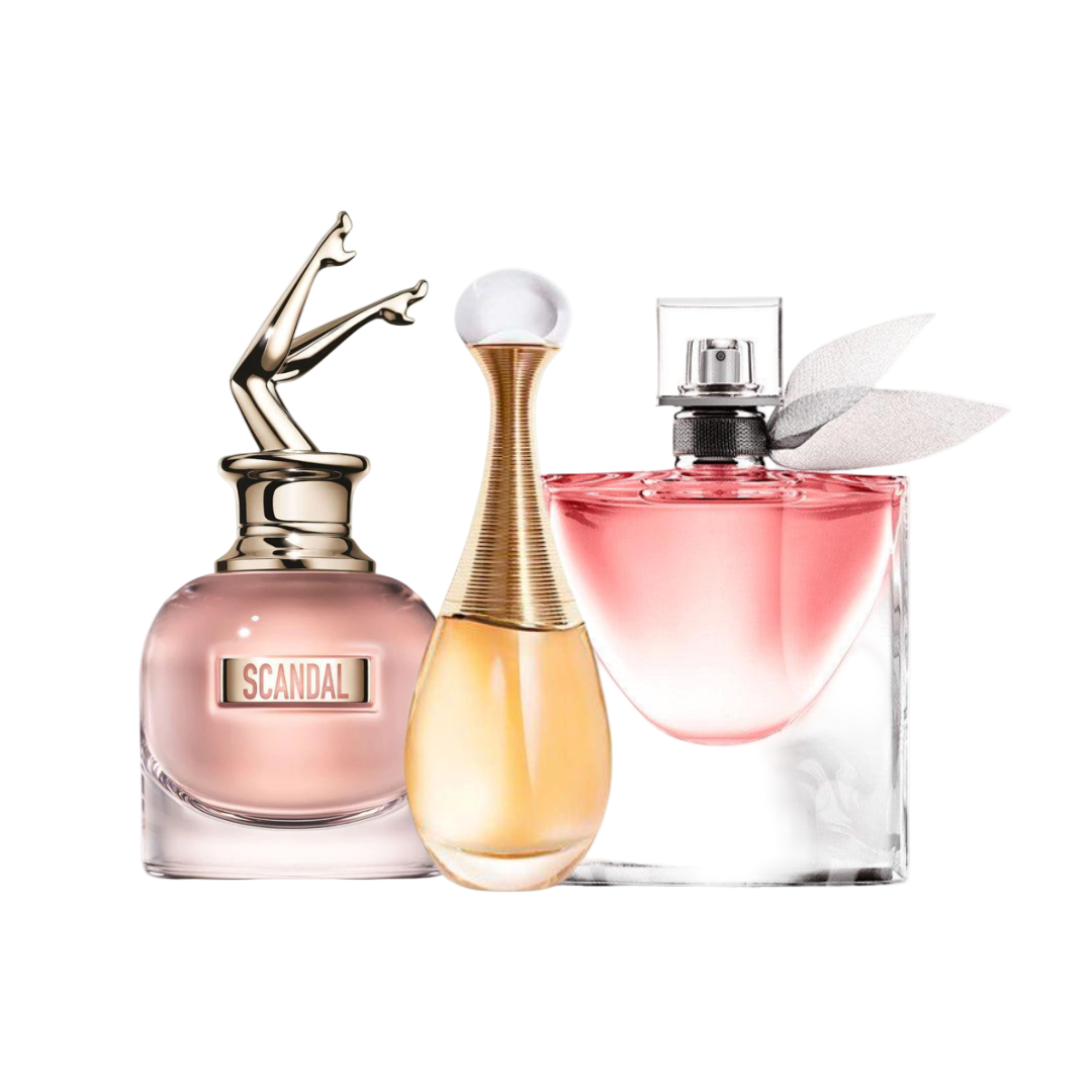 Combo de 3 Perfumes Jean Paul Gaultier SCANDAL, Dior J'ADORE e Lancôme LA VIE EST BELLE 100ml - Madrid Perfumes