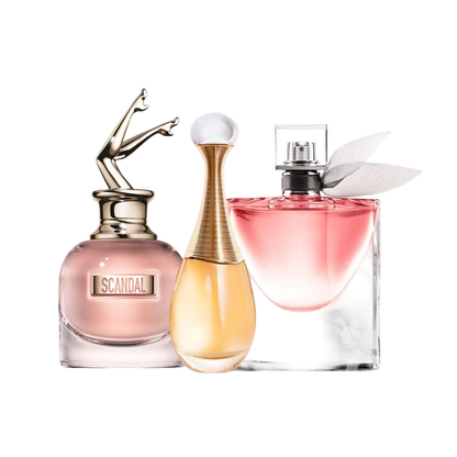 Combo de 3 Perfumes Jean Paul Gaultier SCANDAL, Dior J'ADORE e Lancôme LA VIE EST BELLE 100ml - Madrid Perfumes
