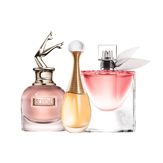 Combo de 3 Perfumes Jean Paul Gaultier SCANDAL, Dior J'ADORE e Lancôme LA VIE EST BELLE 100ml - Madrid Perfumes
